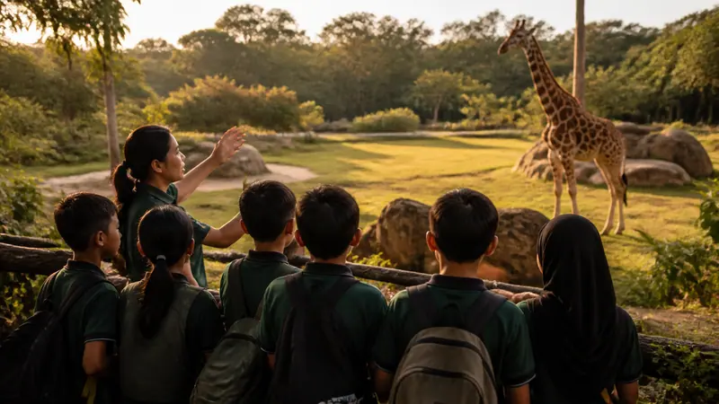 Malaysian schoolchildren learning about a giraffe at the zoo