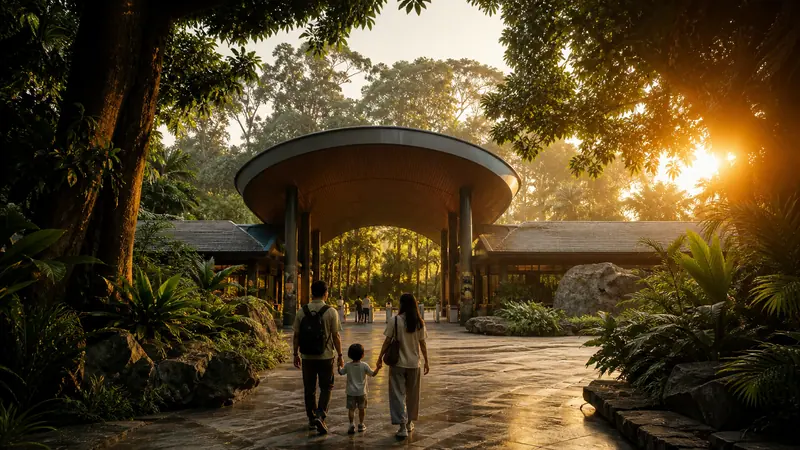 A family approaching a tropical zoo entrance at sunrise