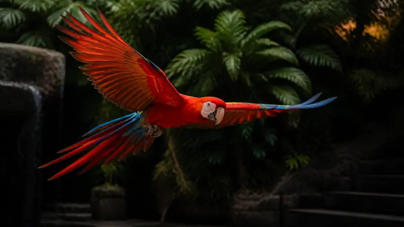 A scarlet macaw flying through a tropical wildlife presentation